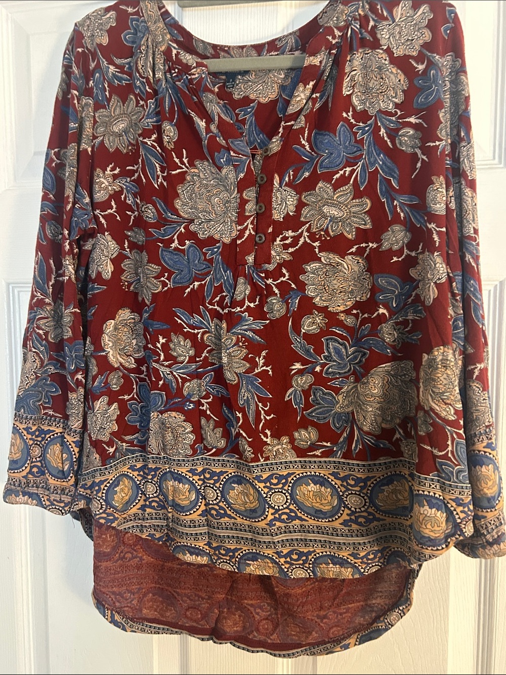 Lucky Brand Red Floral Paisley Blouse with Blue Accents